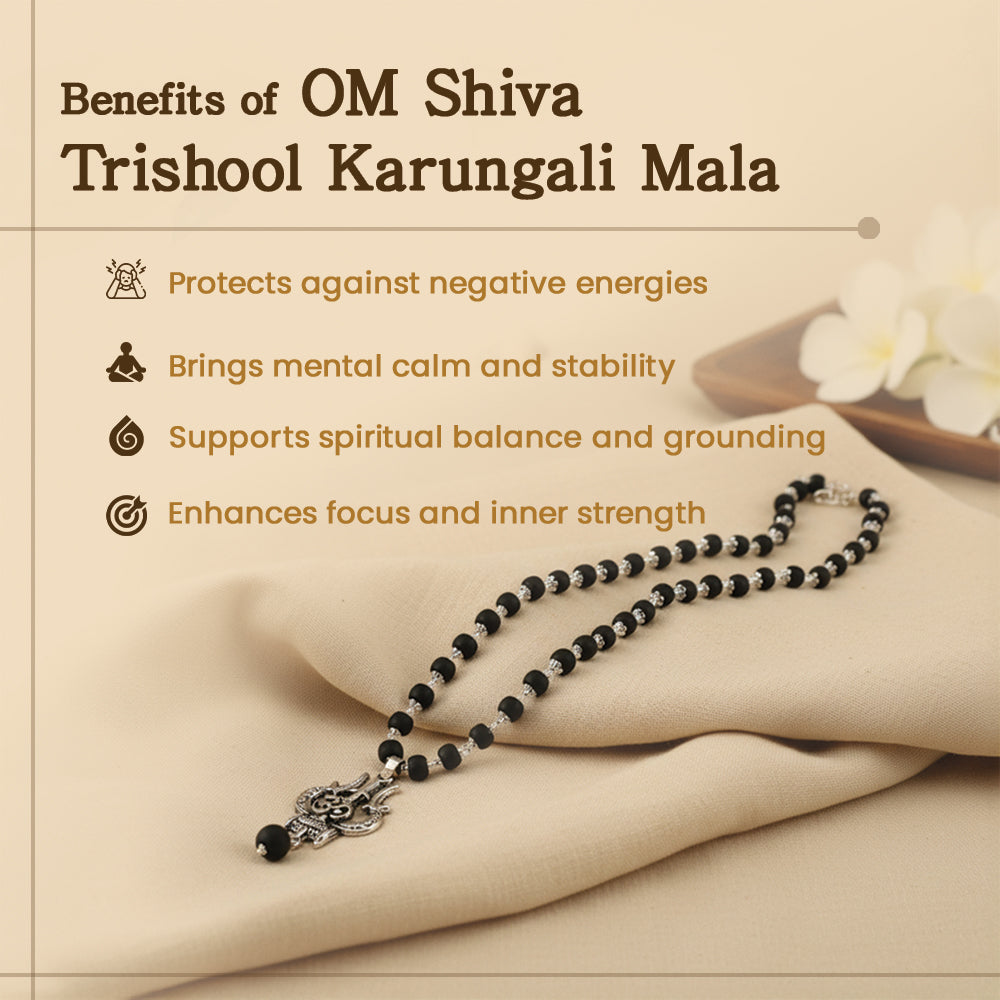 OM Shiva Trishool Karungali Mala - 54 Beads, 6mm