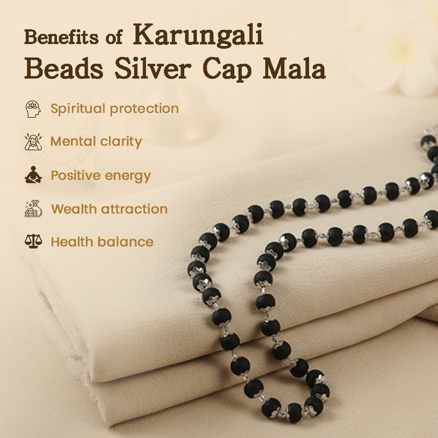 Karungali Beads Silver Cap Mala - 54 Beads, 6mm
