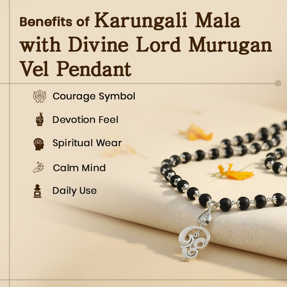 Lord Murugan Vel Pendant | Silver Cap Karungali Mala