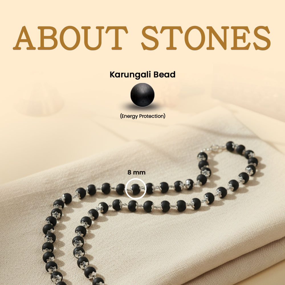 Karungali Beads Silver Cap Mala - 54 Beads, 6mm