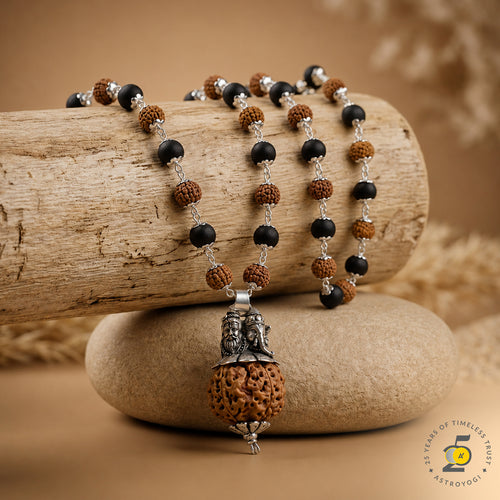 Silver Plated Shiv Ganesh Pendant with Rudraksha Karungali Mala - 54+1 Beads