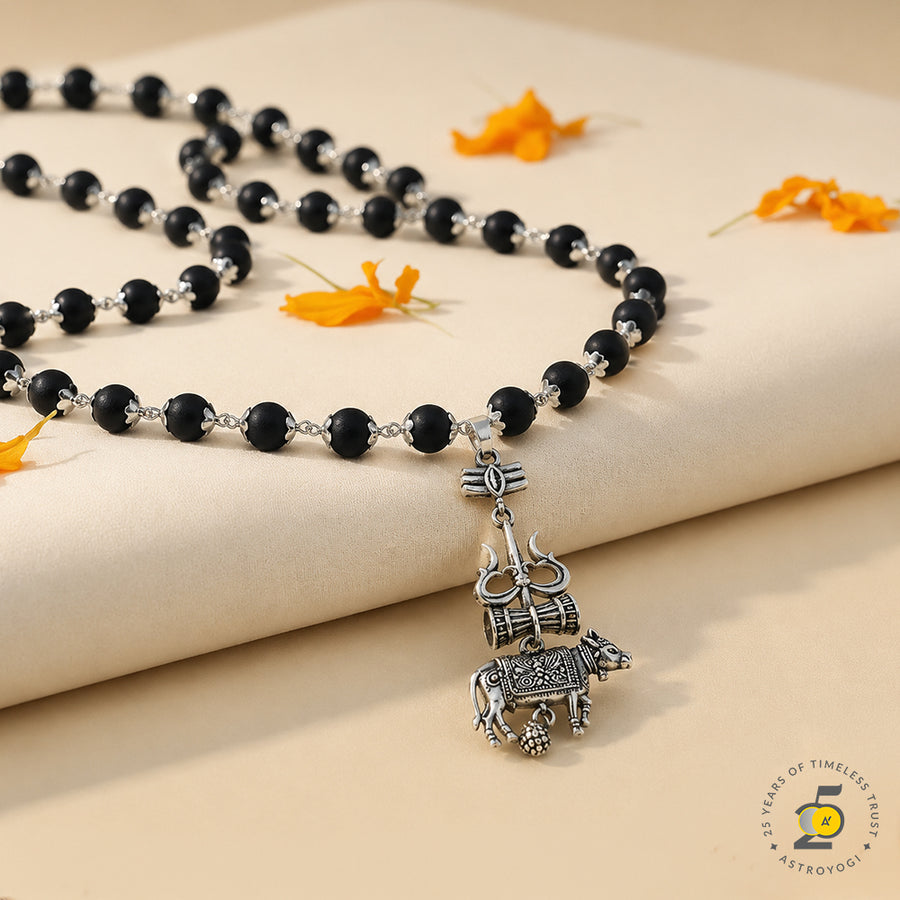 Karungali Mala with Silver Cap and Trishul Nandi Pendant