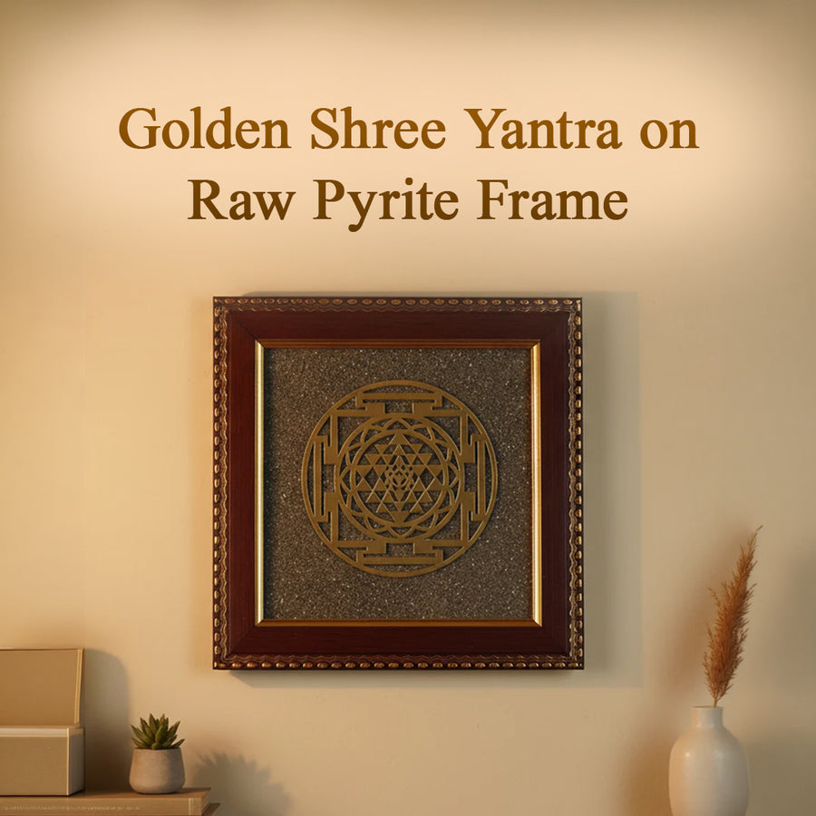 Golden Shree Yantra on Raw Pyrite Frame