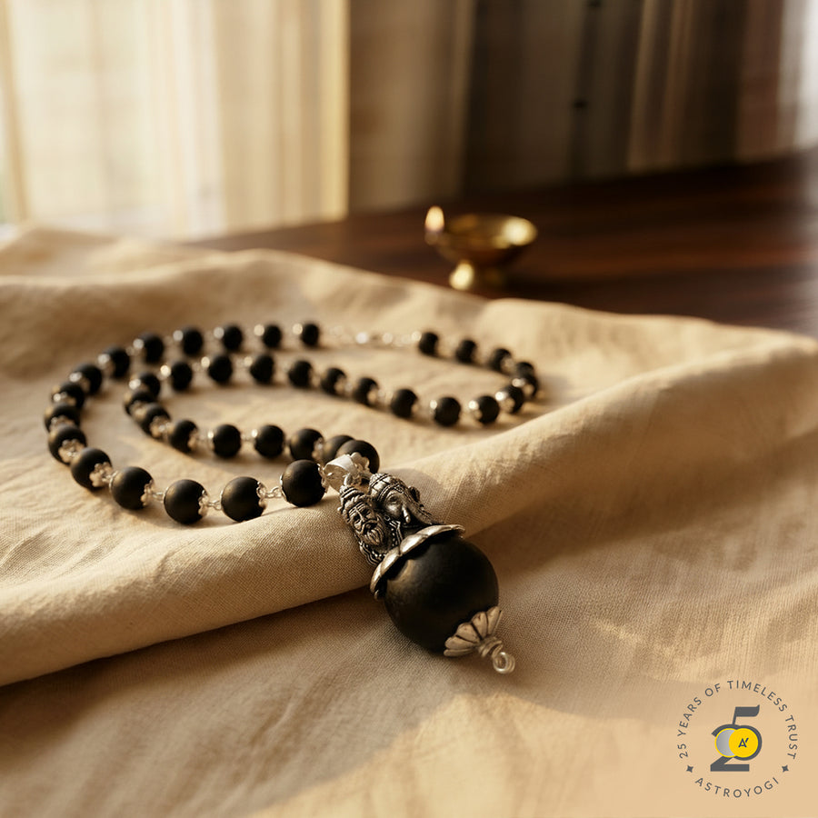 Silver Plated Shiv Ganesh Pendant with Karungali Mala - 54+1 Beads