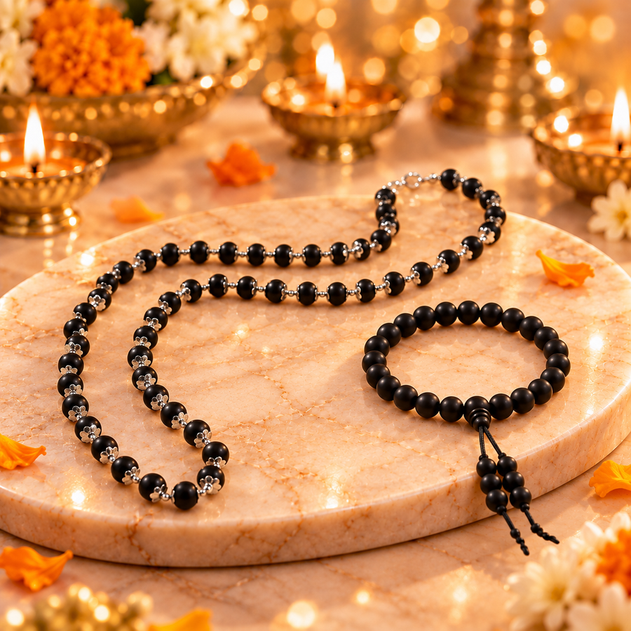 Karungali Beads Silver Cap Mala & Karungali Bracelet Combo