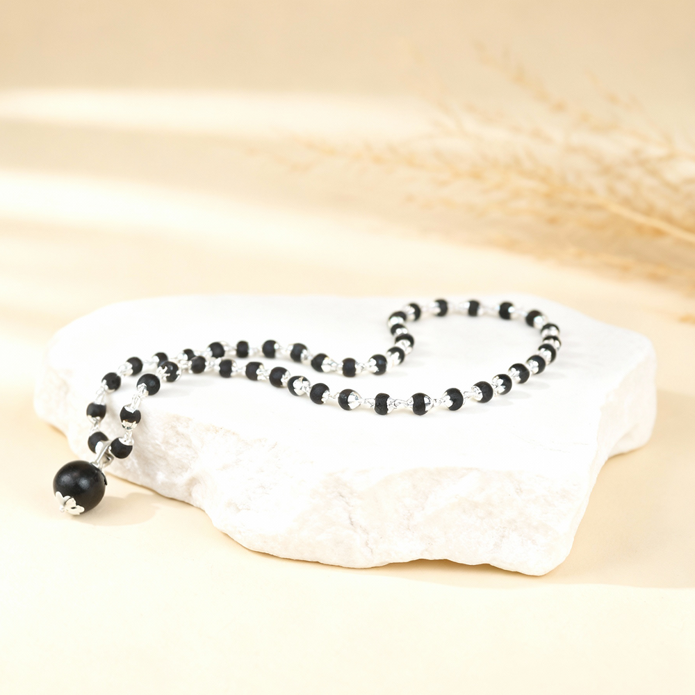 Karungali Beads Silver Cap Mala - 55 Beads, 18mm