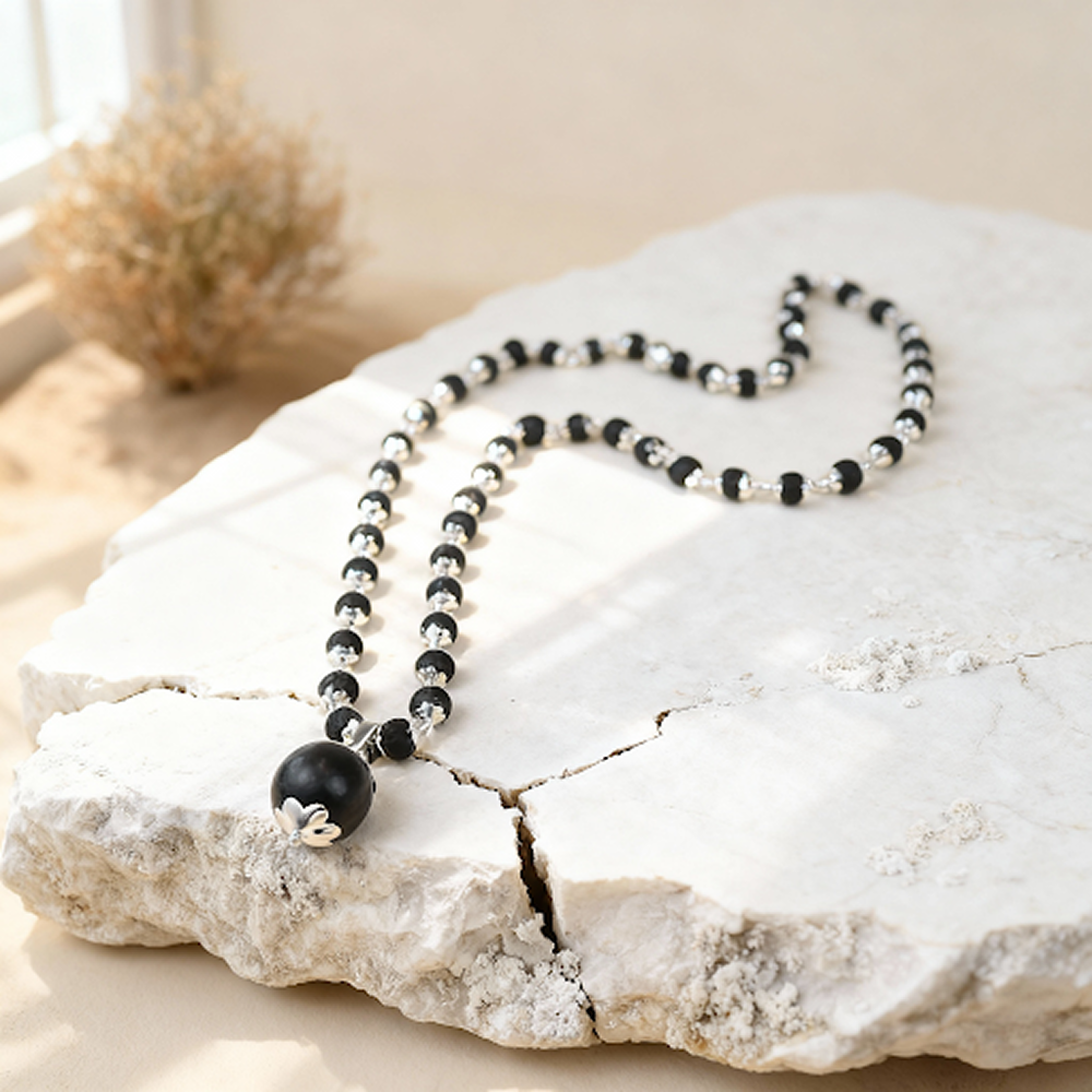 Karungali Beads Silver Cap Mala - 55 Beads, 18mm