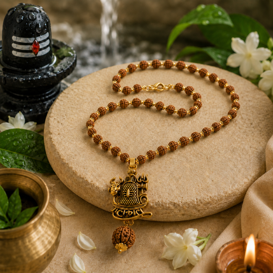 Mahakal Trishul Nandi Pendant with Rudraksha Mala - 54+1 Beads
