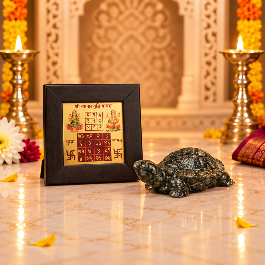 Pyrite Tortoise with Vyapar Vridhi Yantra Combo