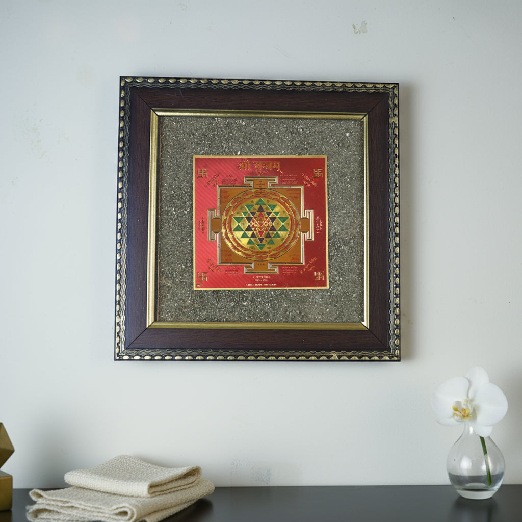 Shree Yantra On Raw Pyrite Frame