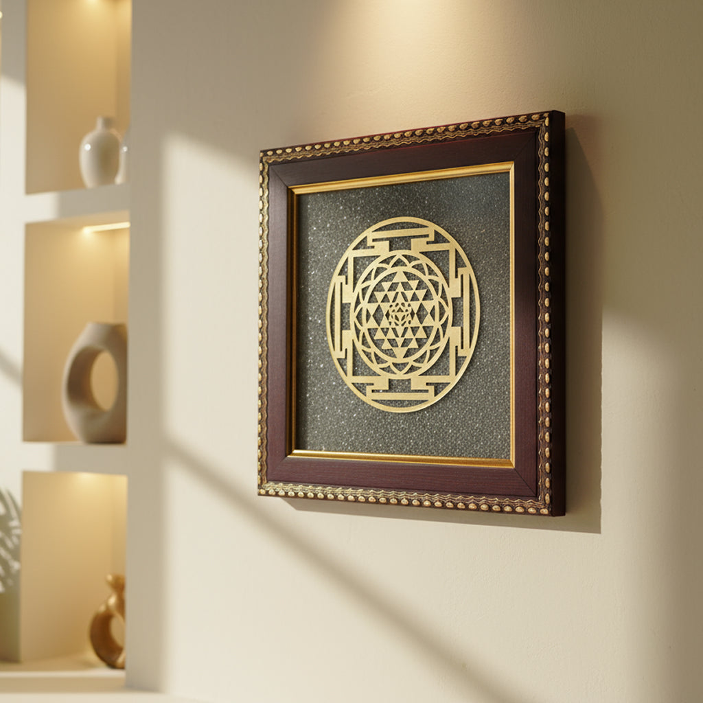 Golden Shree Yantra on Raw Pyrite Frame