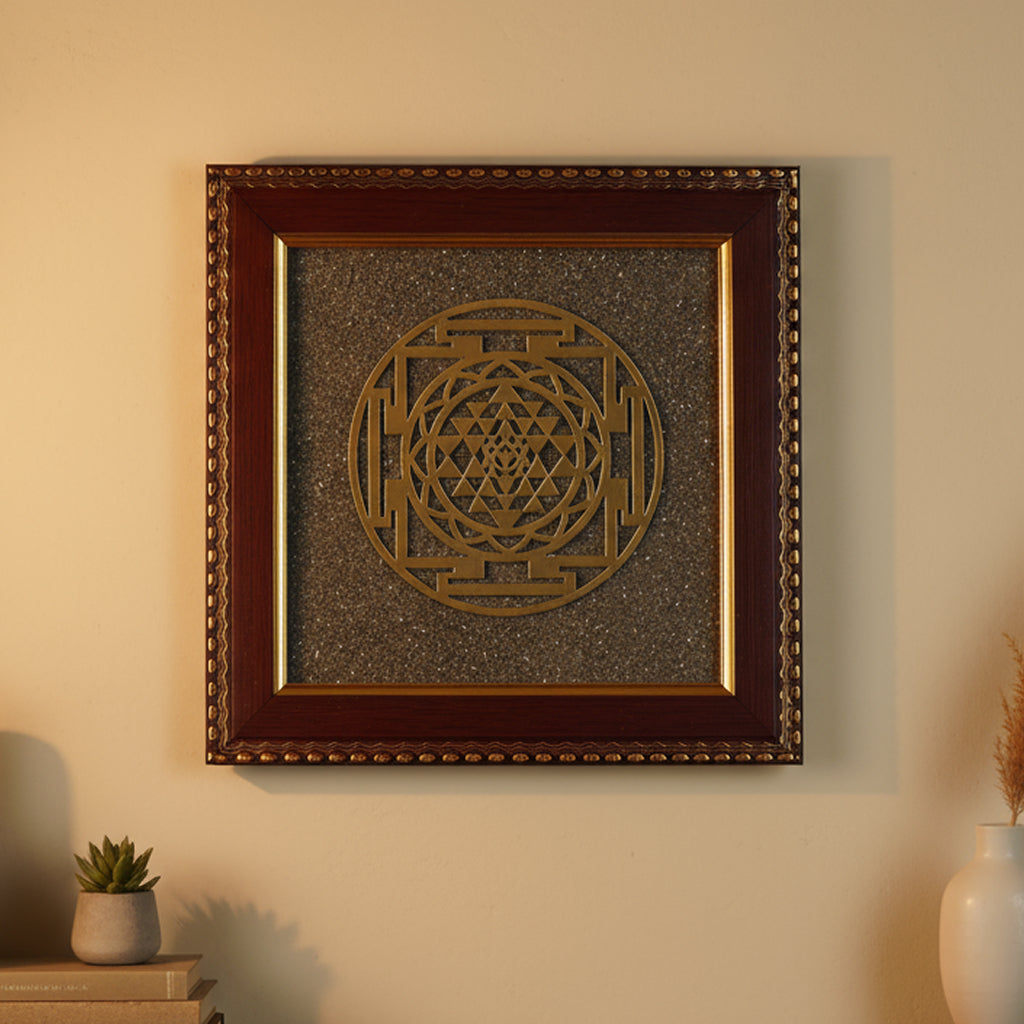 Golden Shree Yantra on Raw Pyrite Frame