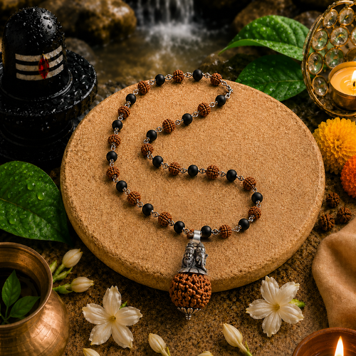 Silver Plated Shiv Ganesh Pendant with Rudraksha Karungali Mala - 54+1 Beads Govt. Certified