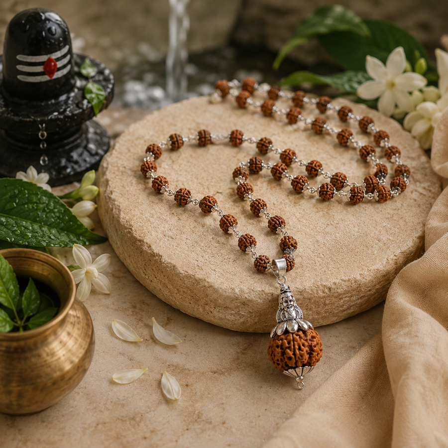 Silver Plated Shiv Pendant with Rudraksha Mala - 54+1 Beads